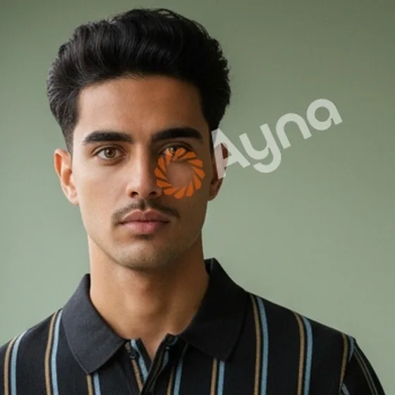 Ayna run one, face crop. A young man with a full dark moustache, thick eyebrows and a rounder jaw, with the Ayna watermark across his eye