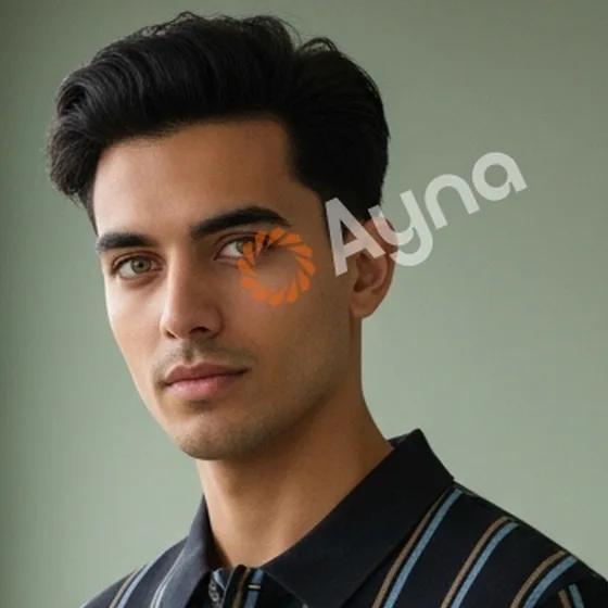 Ayna run two, face crop. A different young man with no moustache, a narrower jaw and lighter eyes, with the Ayna watermark across his eye