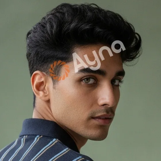 Ayna run three, face crop. A third young man with wavier hair, a sharper jaw and a different nose, with the Ayna watermark across his brow