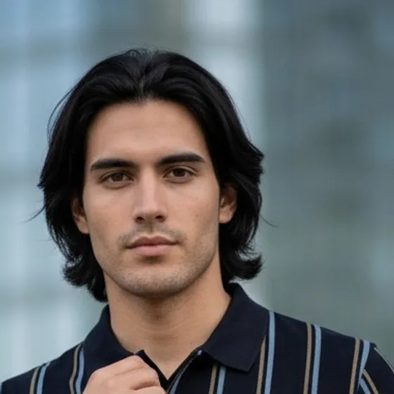 MODA AI face crop from the three quarter shot, a man with long dark hair and a defined jaw