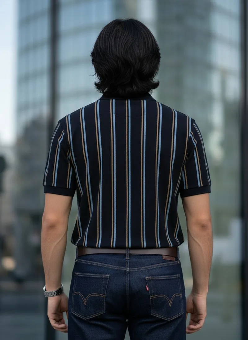 MODA AI catalog shot 4 of 10, back, full length. The striped navy polo, the same generated male model throughout, in a city setting
