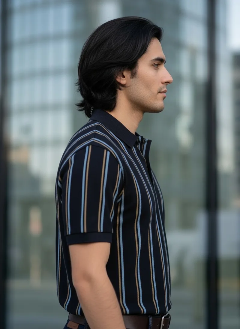 MODA AI catalog shot 6 of 10, side profile, top focus. The striped navy polo, the same generated male model throughout, in a city setting