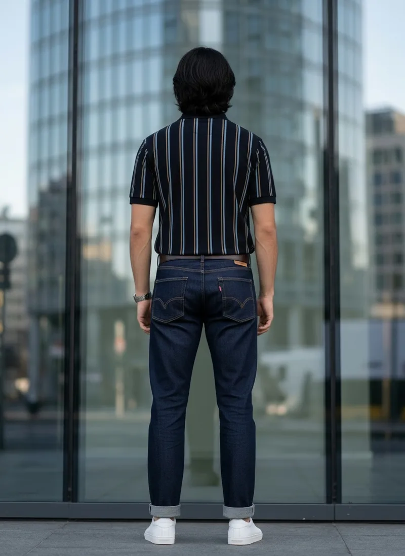MODA AI catalog shot 8 of 10, back, wide. The striped navy polo, the same generated male model throughout, in a city setting