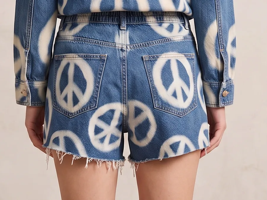 Close crop of FASHN output, back. A flat rigid denim waistband with belt loops and a yoke seam, and two symmetrical patch pockets, where the real shorts have an elastic waist and one pocket