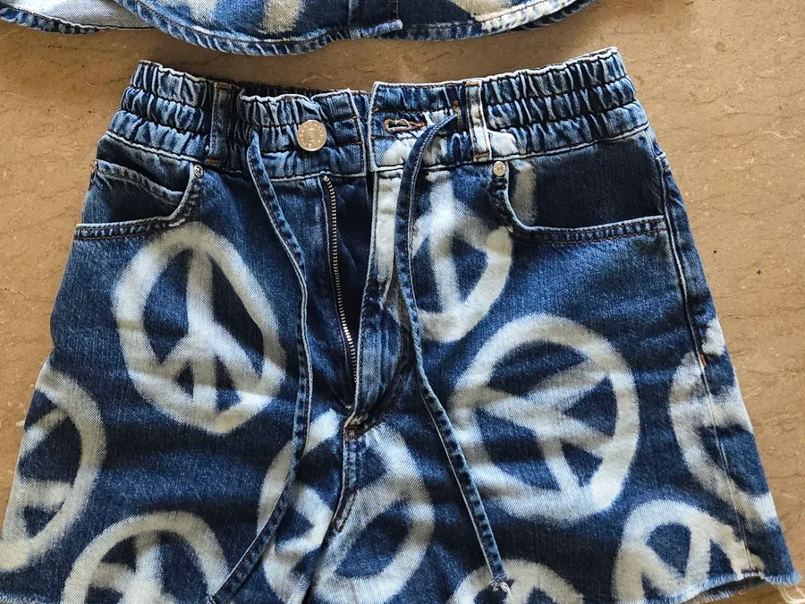 Close crop of the real shorts, front. A shirred elastic waistband with a drawstring, a metal shank button and an open zip fly, with belt loops and slant pockets