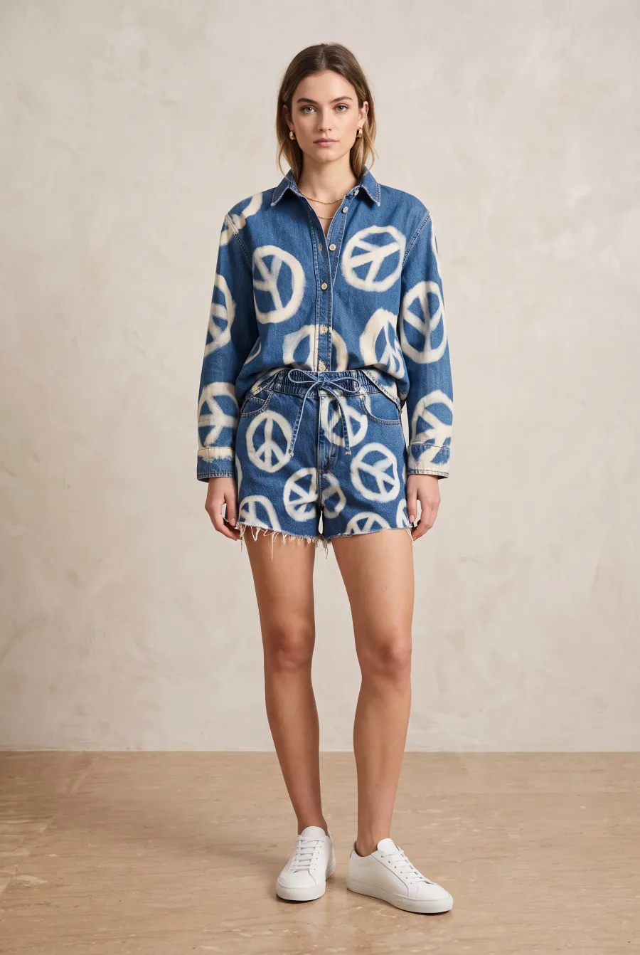 FASHN output. The bleached peace print denim shirt worn open over matching cut off shorts on a generated female model against a plaster wall, shirt hanging long and untucked over the waistband
