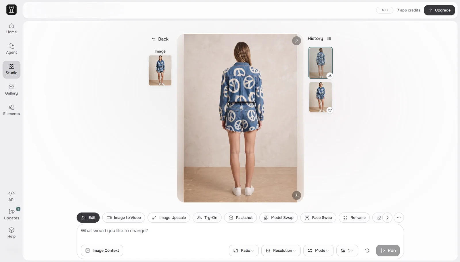 FASHN Studio in Edit mode. The source panel is labelled Image and shows a thumbnail of FASHN’s own front render rather than a garment photo, with the generated back view in the canvas and seven app credits remaining