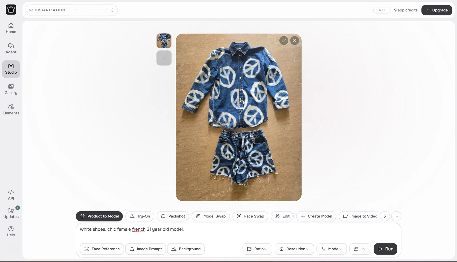 FASHN Studio with the denim flat lay loaded, a single image slot, a free text prompt reading white shoes, chic female french 21 year old model, and controls for Face Reference, Image Prompt, Background, Ratio, Resolution and Mode