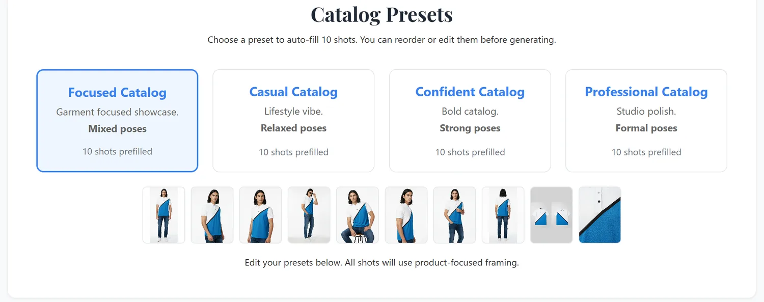 MODA AI catalog presets. Four cards, Focused, Casual, Confident and Professional, each prefilling ten shots, with a strip of thumbnails showing the poses each preset fills in