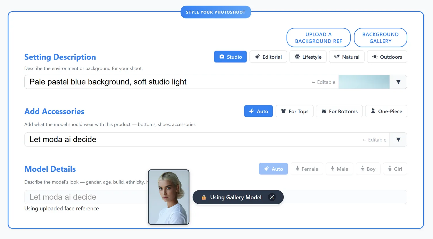 MODA AI setting panel. Preset tabs for Studio, Editorial, Lifestyle, Natural and Outdoors, an editable setting description, buttons to upload a background reference or open the background gallery, accessory presets, and model details with a face reference in use