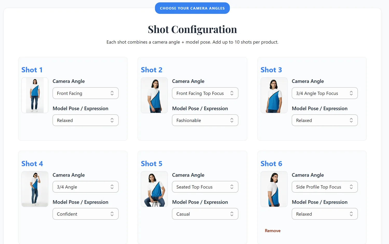 MODA AI shot configuration. Six shot cards, each with its own camera angle dropdown, front facing, front facing top focus, three quarter angle top focus, three quarter angle, seated top focus and side profile top focus, and its own model pose dropdown