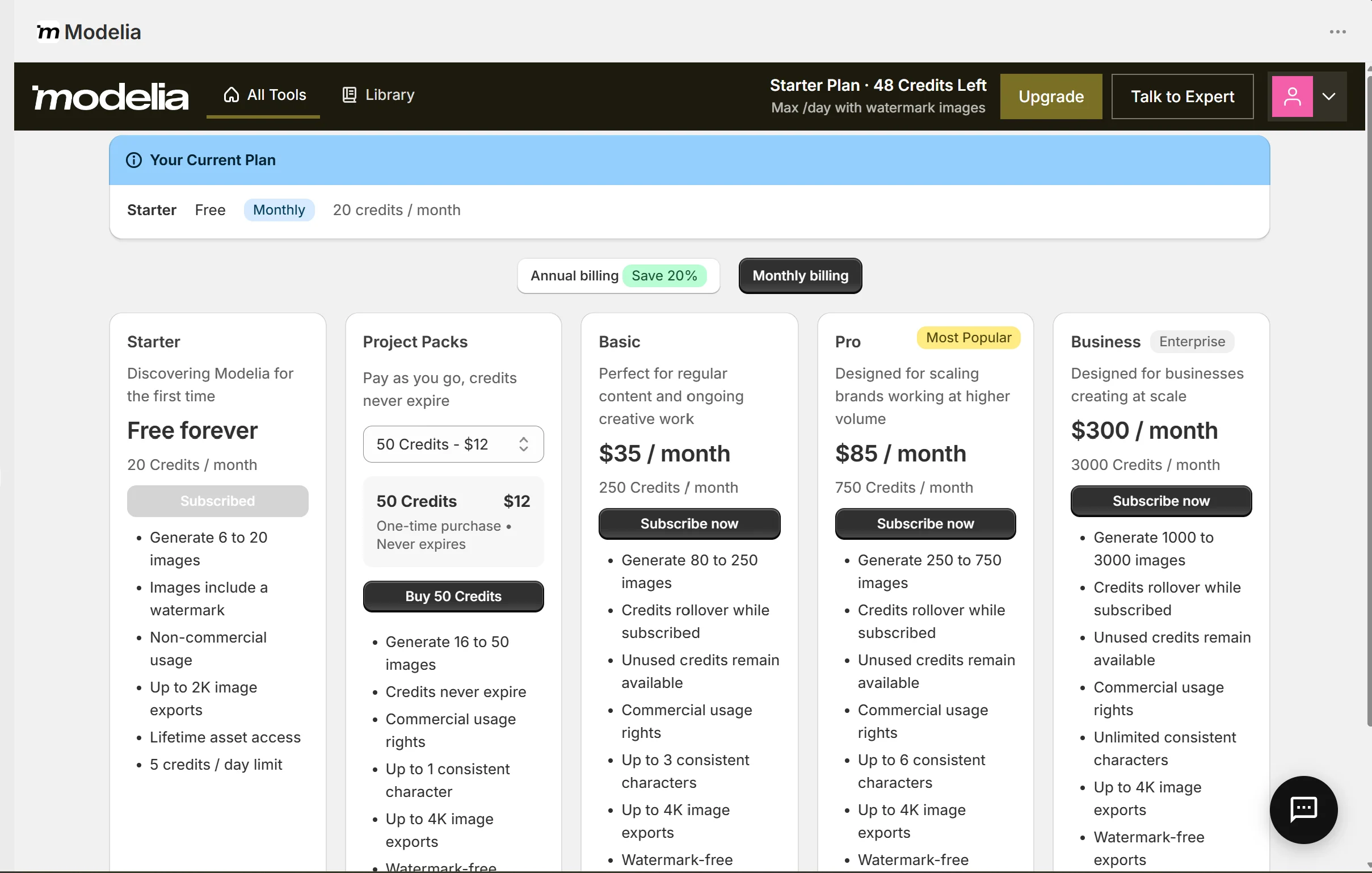 Modelia pricing screen, July 2026 — Starter free tier shows watermark and non-commercial usage and up to 2K exports; Project Packs from $12; Basic $35, Pro $85, Business $300 per month; consistent-character counts rise by tier