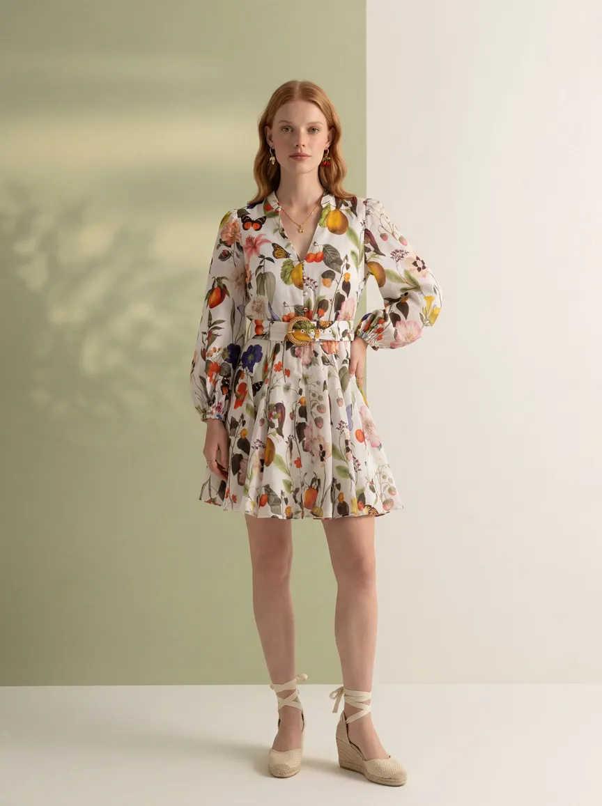 MODA AI hero output on the same floral dress — 3:4 portrait, model held by face reference, one of ten shots from a single credit