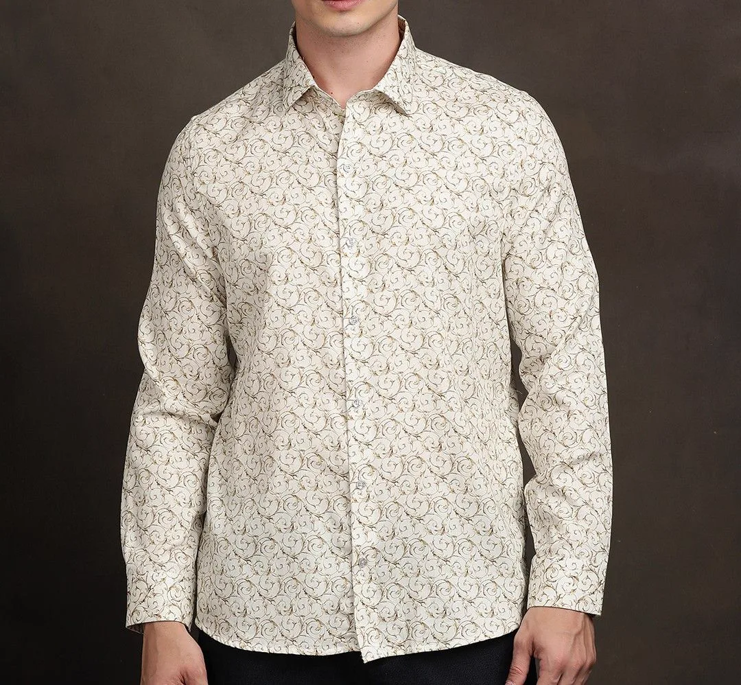 Input to OnModel — a cream paisley men's shirt shot on a body with the head cropped off above the chin