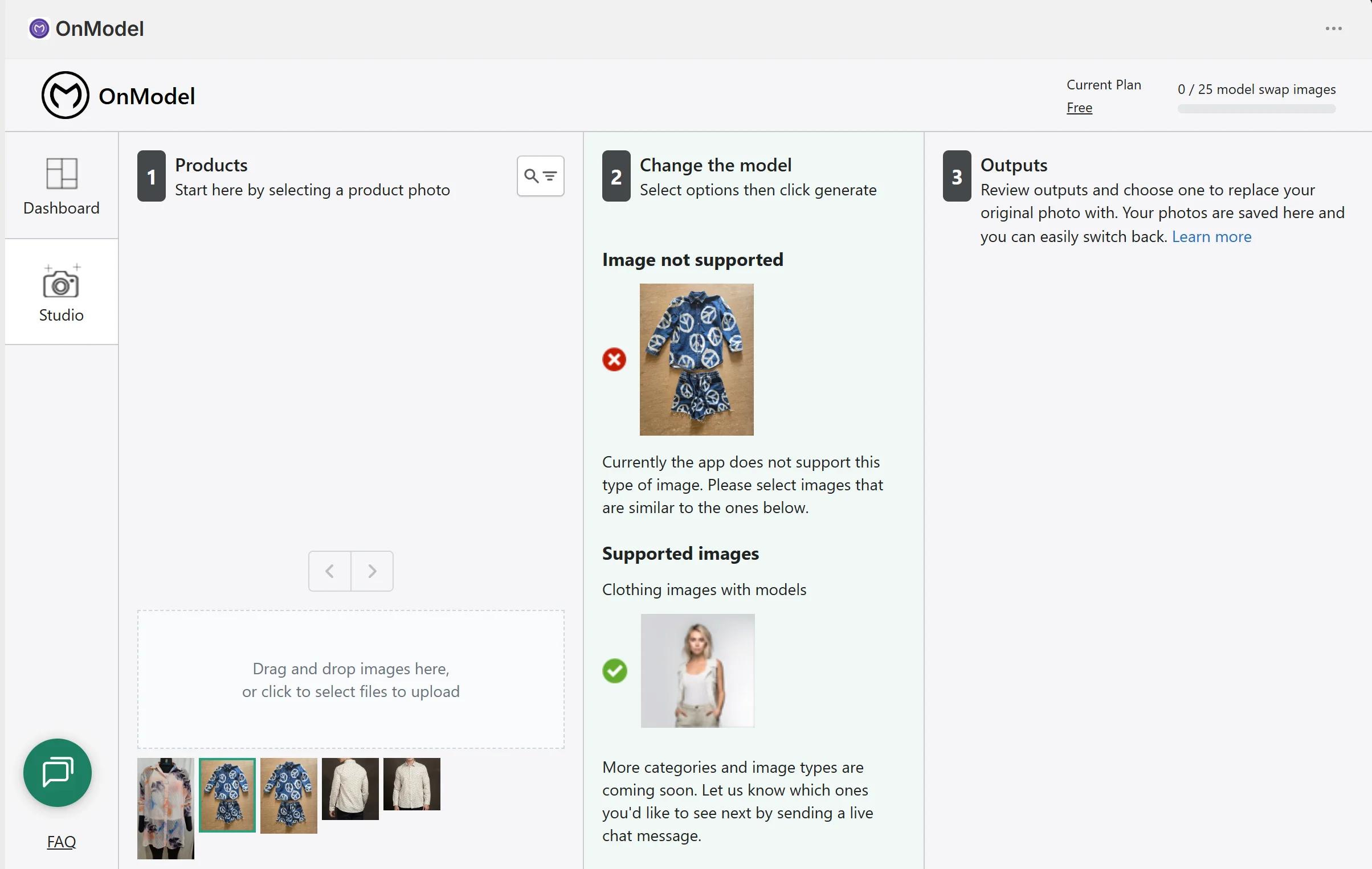 OnModel UI marking a flat lay of a denim shirt and shorts as "Image not supported", asking instead for clothing images with models