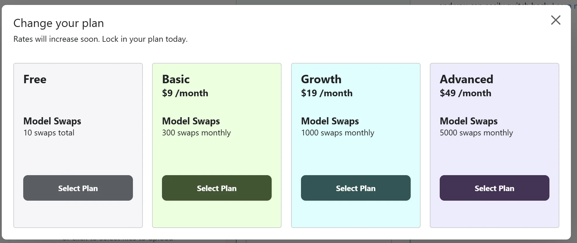 OnModel pricing — Free (10 swaps), Basic $9/month (300 swaps), Growth $19/month (1000 swaps), Advanced $49/month (5000 swaps), with a "rates will increase soon" banner