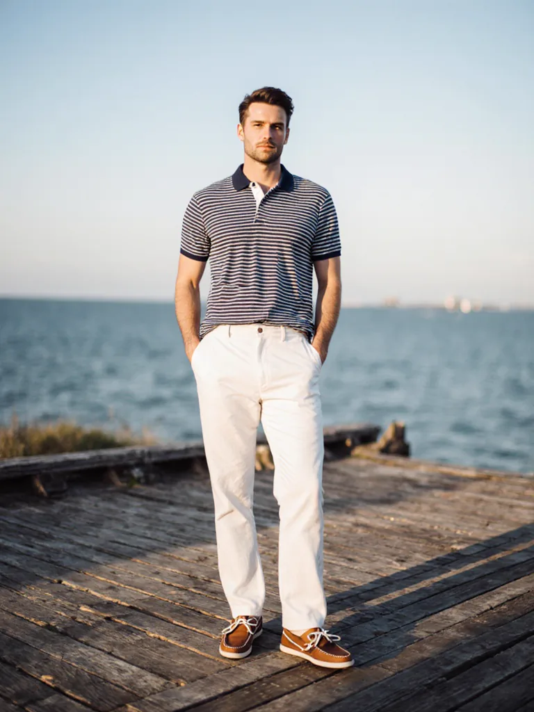 MODA reference library — Hamptons dock, golden hour. A model look and background scene merchants can use as reference inputs for their own catalog set.