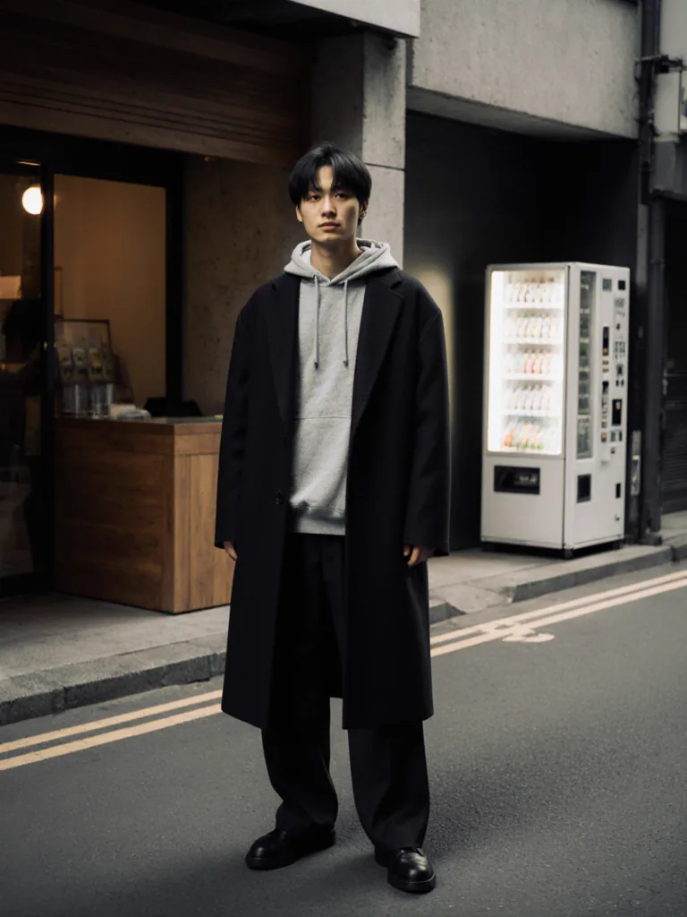 MODA reference library — Tokyo Aoyama backstreet. A model look and background scene merchants can use as reference inputs for their own catalog set.
