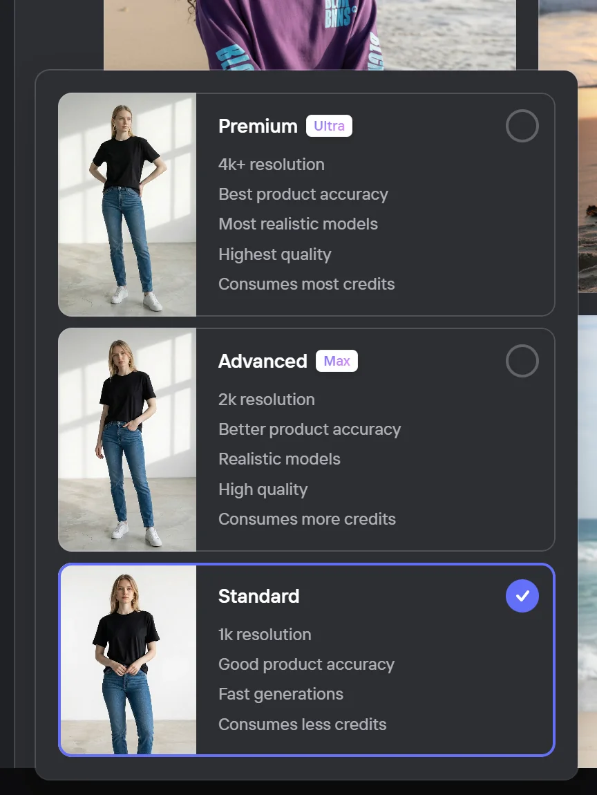 PhotoRoom quality picker as shown in our July 2026 test — Standard 1K selected on the Pro plan, Advanced 2K and Premium 4K+ marked for higher plan tiers