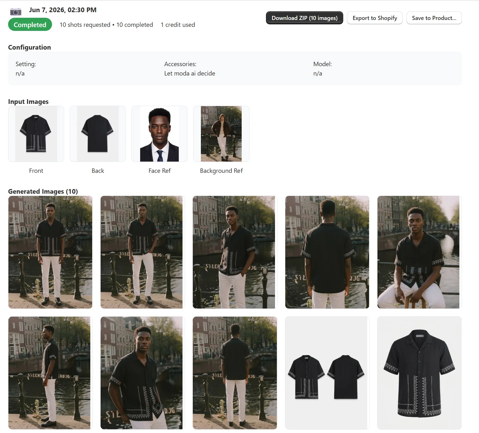 MODA AI app screenshot inside Shopify Admin showing the completed generation — 10 shots requested, 10 completed, 1 credit used, with the four uploaded inputs (front, back, face reference, background reference) and all ten generated outputs visible, plus a Download ZIP button