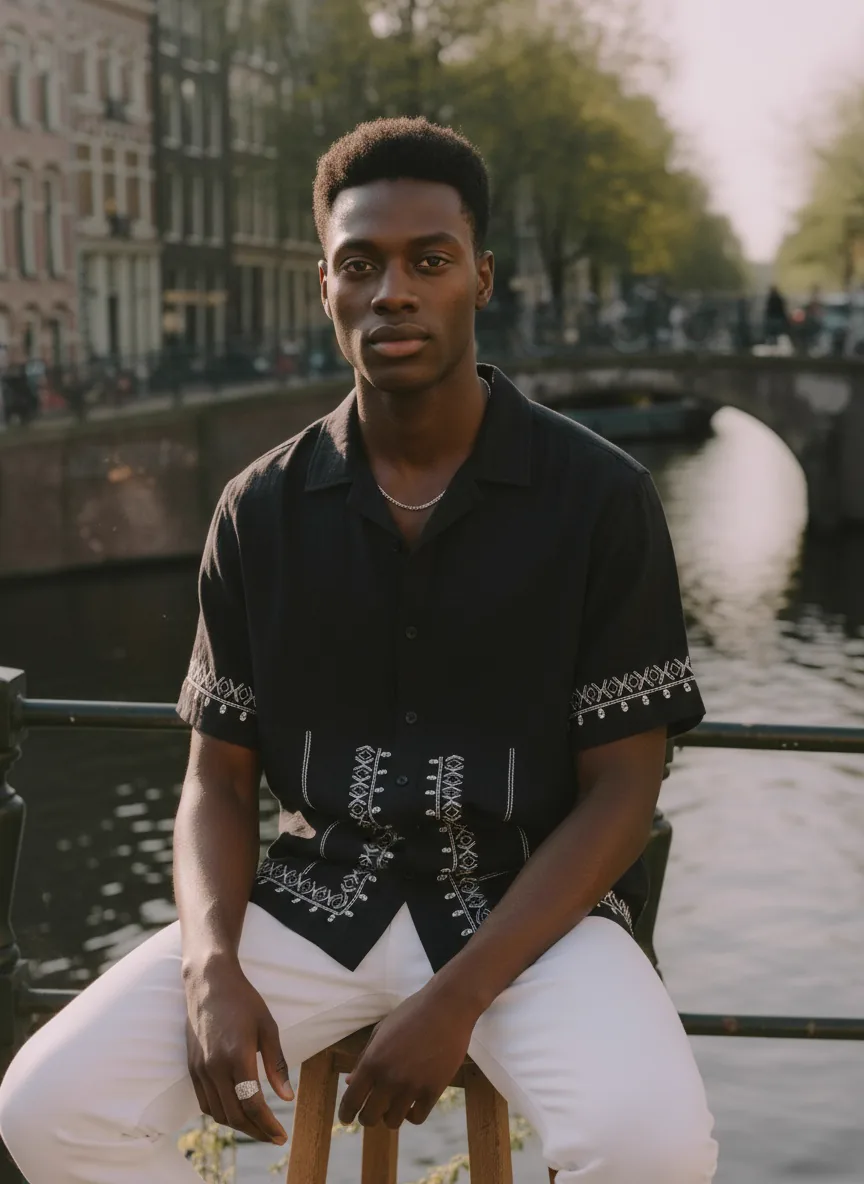 MODA AI output shot 5 of 10 from the same one-credit generation on the black embroidered shirt — brand model matching uploaded face reference, Amsterdam canal scene matching uploaded background reference
