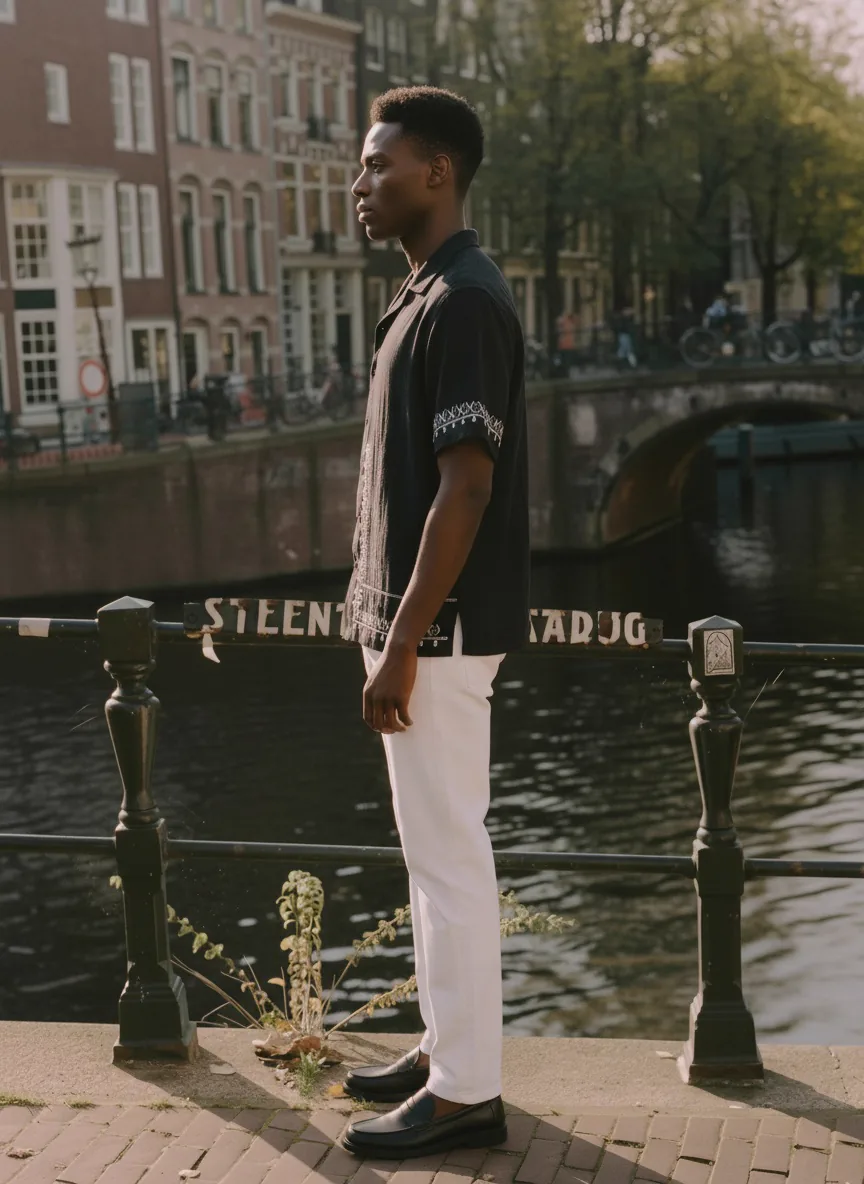 MODA AI output shot 6 of 10 from the same one-credit generation on the black embroidered shirt — brand model matching uploaded face reference, Amsterdam canal scene matching uploaded background reference