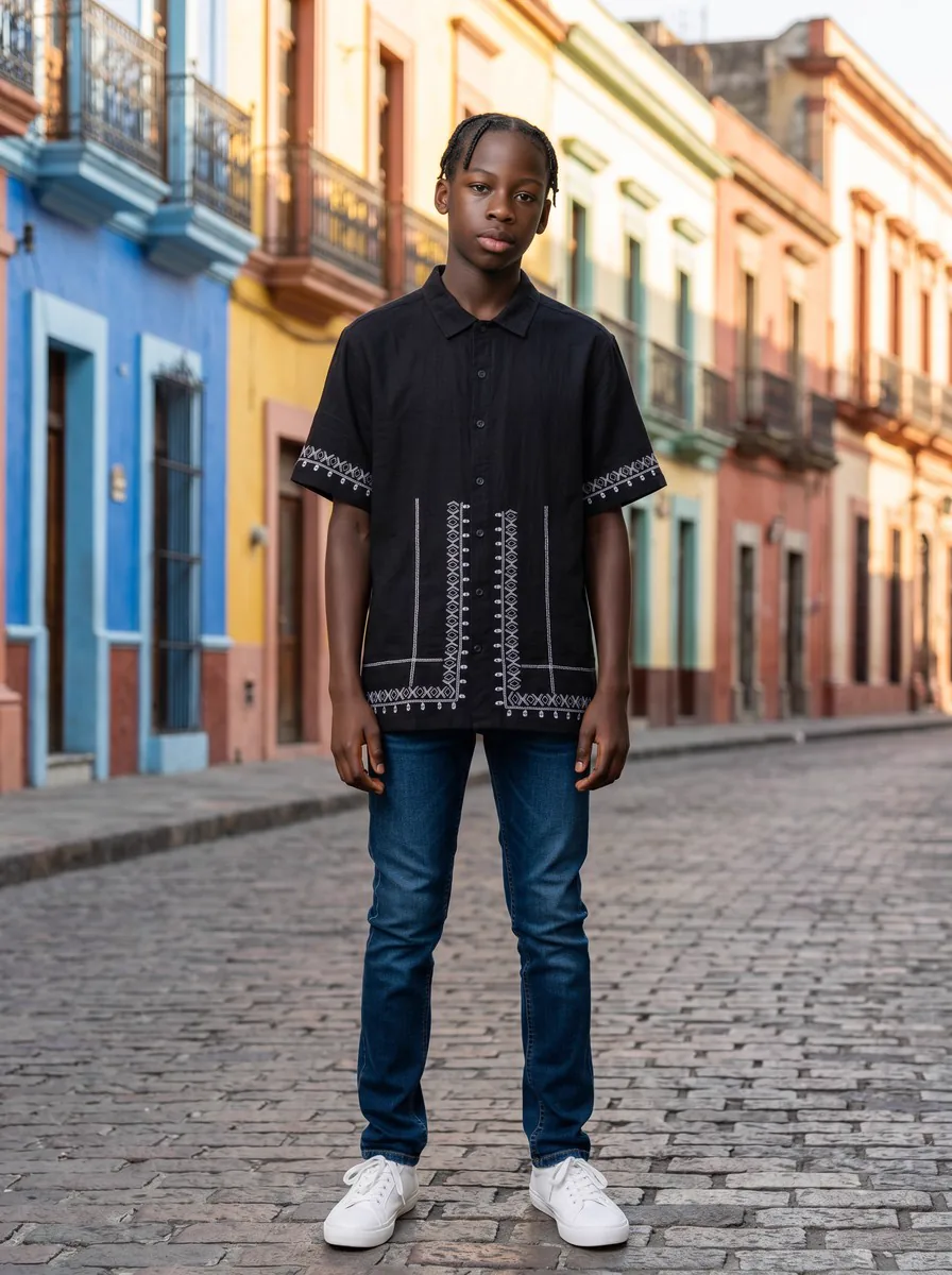 PhotoRoom AI Fashion Models output on a black embroidered short-sleeve shirt — preset model on a Latin City preset background, 1K resolution on the Pro plan
