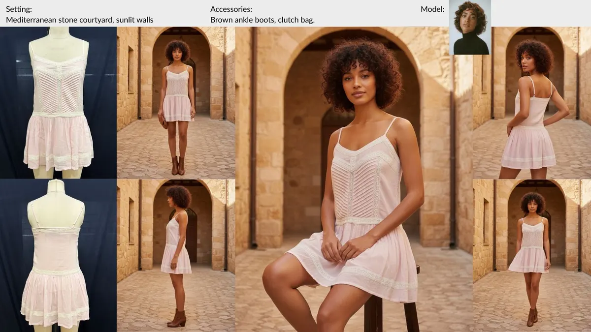 Pink tiered cami mini dress — a MODA AI sample board showing the garment uploaded, the face reference and setting chosen for the run, and the full set of on-model catalog shots returned