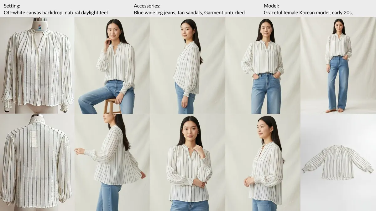 Off-white striped blouse — a MODA AI sample board showing the garment uploaded, the face reference and setting chosen for the run, and the full set of on-model catalog shots returned