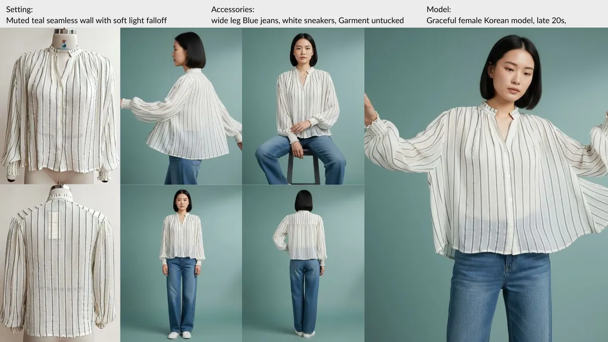 White pleated blouse — a MODA AI sample board showing the garment uploaded, the face reference and setting chosen for the run, and the full set of on-model catalog shots returned