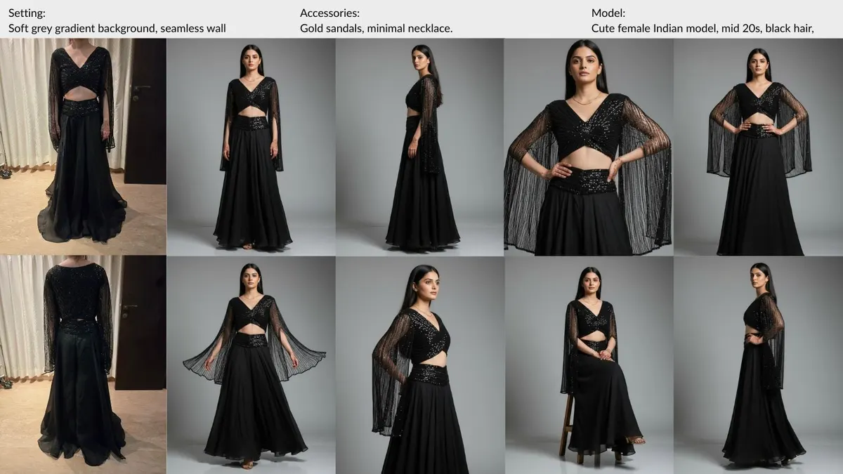 Black cape-sleeve maxi dress — a MODA AI sample board showing the garment uploaded, the face reference and setting chosen for the run, and the full set of on-model catalog shots returned