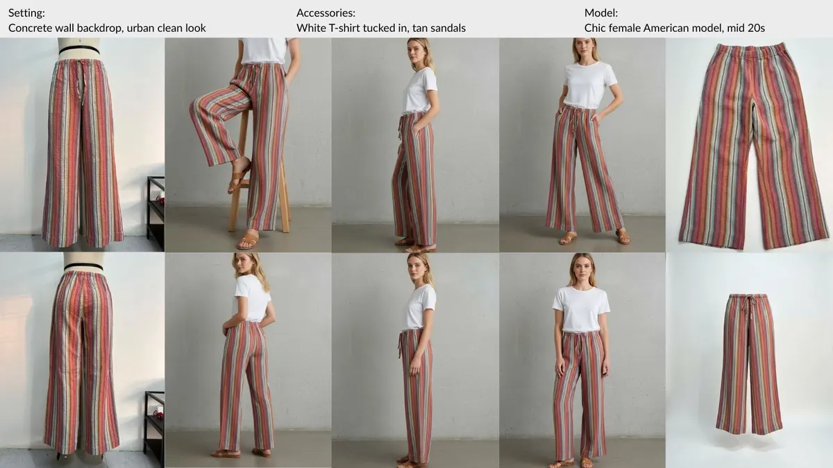 Red and cream striped wide-leg trousers — a MODA AI sample board showing the garment uploaded, the face reference and setting chosen for the run, and the full set of on-model catalog shots returned