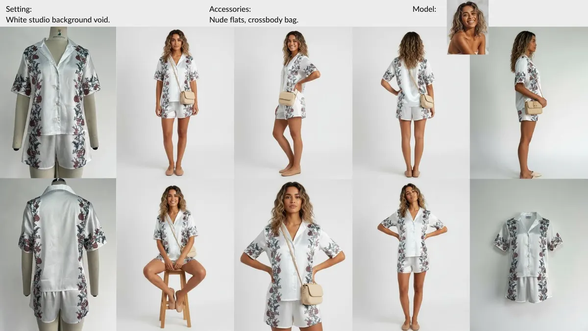 White floral shirt — a MODA AI sample board showing the garment uploaded, the face reference and setting chosen for the run, and the full set of on-model catalog shots returned