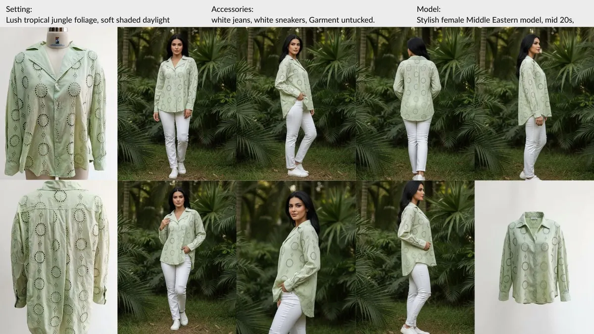 Sage embroidered shirt — a MODA AI sample board showing the garment uploaded, the face reference and setting chosen for the run, and the full set of on-model catalog shots returned