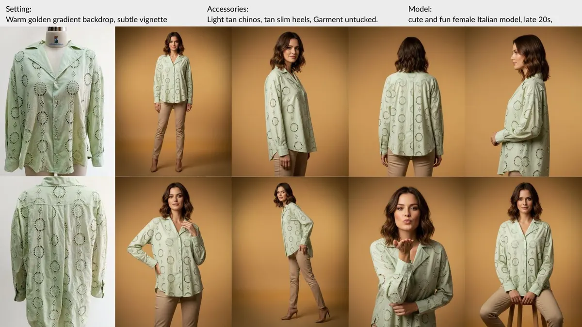 Sage eyelet shirt — a MODA AI sample board showing the garment uploaded, the face reference and setting chosen for the run, and the full set of on-model catalog shots returned